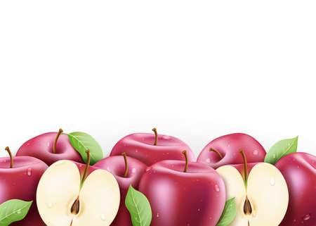 Red Fresh Ripe Apples Sliced and Whole 3D Realistic with Water drops and Leaves in Isolated White Background Vector Illustrationのイラスト素材