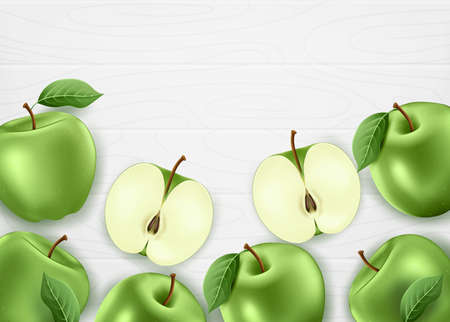 Fresh Green Apples Organic Farm Made. 3D Realistic Whole and Sliced Apples Banner with Leaves on White Wood Background. Vector Mesh Illustrationのイラスト素材