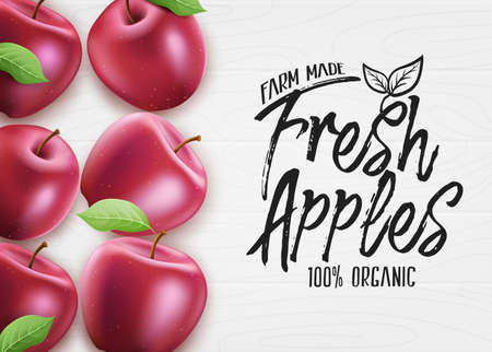 Red Fresh Apples Farm Made Organic 3D Realistic Banner Top View on White Wood Background. Vector Illustrationのイラスト素材
