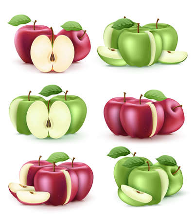 3D Realistic Fresh Red and Green Apple Set in Isolated White Background. Vector Illustrationのイラスト素材