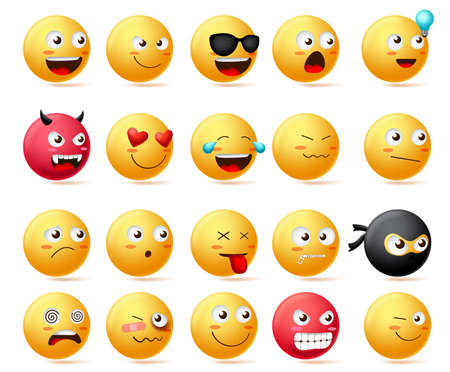 Smileys emoji faces vector set. Smiley emoticons with side view faces character in sad, inlove, silent, dizzy, ninja, angry and happy facial expression isolated in white background. Vector illustration.のイラスト素材