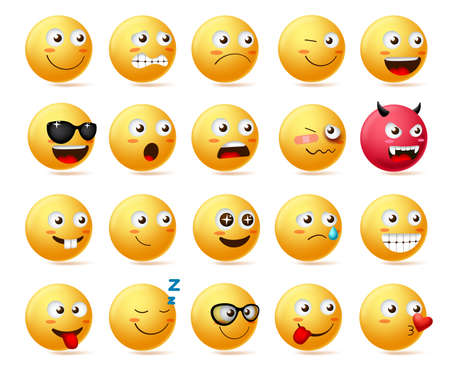 Smiley emoji side view set vector. Smileys emoticon or icon face character in sad, scared, demon, shocked and happy emotion wearing sunglasses isolated in white background. Vector illustration.のイラスト素材