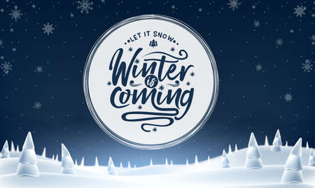 Winter is Coming Text in Cycle White Space on Snowy Night Woodland with Snowy Trees Landscape Banner. Vector Illustrationのイラスト素材
