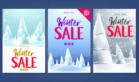 Winter Sale Poster Promotional Card Set with Snowfall Snowy Landscape Woodland Design. Vector Illustrationのイラスト素材