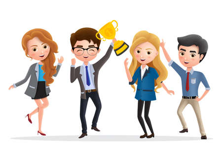 Business achievement vector character. Business employee team characters happy jumping and holding golden trophy award for success and achievement in white background. Vector illustration.のイラスト素材