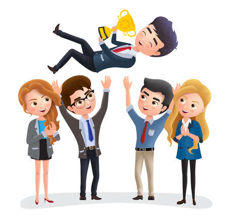 Business employee promotion vector characters. Male business character holding a golden trophy while throwing for office achievement and success. Vector illustration.のイラスト素材