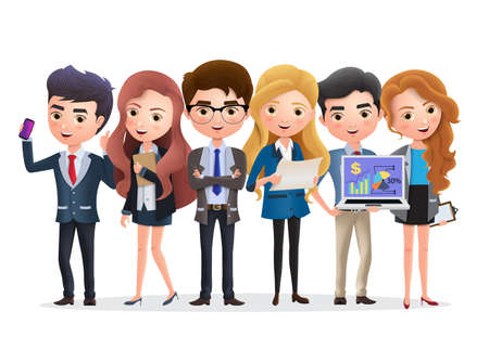 Business team vector characters. Business characters marketing team and manager standing with job teamwork in white background. Vector illustration.のイラスト素材