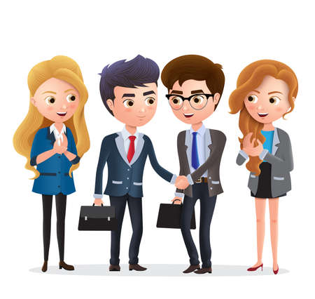Businessman partnership vector characters. Business partner character with deal agreement and handshake in white background. Vector illustration.のイラスト素材