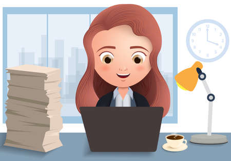 Business employee in overtime vector character. Business female office employee typing and working in desk with laptop, coffee and document in white empty background. Vector illustration.のイラスト素材