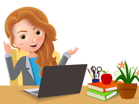 Businesswoman in office desk vector character. Business female office manager happy talking and sitting in office desk with positive hand pose and gesture in white empty background, Vector illustration.のイラスト素材
