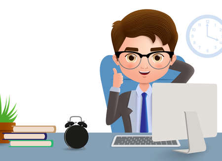 Business man in office desk vector character. Business office manager sitting and relaxing in office desk with positive hand gesture and pose in white empty background. Vector illustration.のイラスト素材