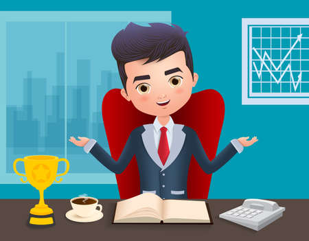 Business boss vector character. Male boss business character sitting and talking in office desk with golden cup trophy, coffee, book and telephone in blue background. Vector illustration.のイラスト素材