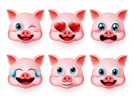Emoji pig vector set. Pigs face emoticons or icon in cute emotions like inlove and scared with 3d realistic concept isolated in white background. Vector illustration.のイラスト素材