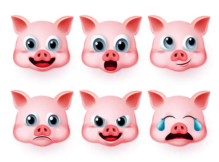 Pig emoji vector set. Pigs cute face emoticon and emojis with happy, crying and surprise expressions isolated in white background. Vector illustration 3d realistic.のイラスト素材