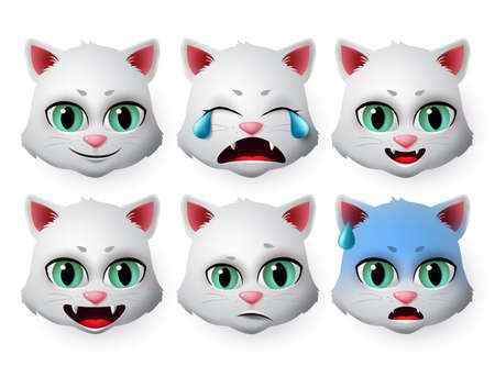 Cat emojis face vector set. Cute cats animal emoticons in happy mood and crying emotion isolated in white background. Vector illustration.のイラスト素材
