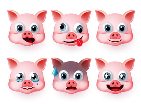 Pig emoticon fat face vector set. Emoji pigs head in cute faces like happy and scared facial expressions isolated in white background. Vector illustration 3d realistic.のイラスト素材