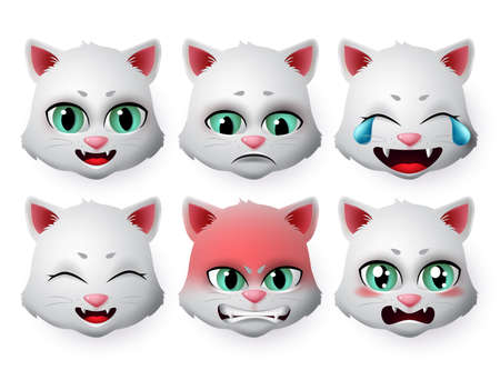 Cat face emoji vector set. Cats emoticon in angry and sad expressions or emotion isolated in white background. Vector illustration 3d realistic.のイラスト素材