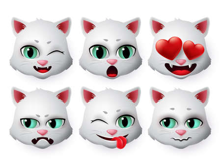 Emoticon cat face vector set.Kitty cats head emojis in pretty faces with funny and inlove expression for collection isolated in white background. Vector illustration.のイラスト素材