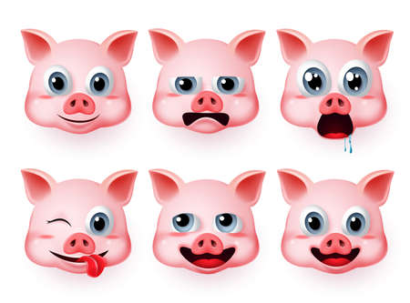 Pig emoji vector set. Pigs head animals emoticon with emotions and mood like hungry and funny isolated in white background. Vector illustration 3d realistic.