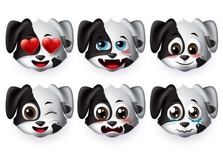 Dog emoticon vector set. Cute puppy dogs face emoticons and emojis in funny and shy facial expressions isolated in white background. Vector illustration.のイラスト素材