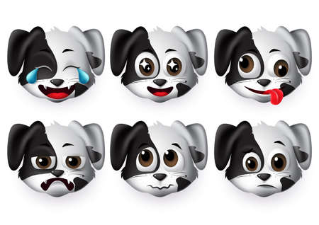 Emojis dog vector set. Puppy dogs animal emoticon head with sad and funny face for design element isolated in white background. Vector illustration 3d realistic.のイラスト素材