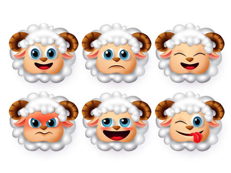 Sheep emoticon and emojis vector set.  Sheeps or lamb face emoticons with 3d realistic design in angry and funny facial expression isolated in white background. Vector illustration.のイラスト素材
