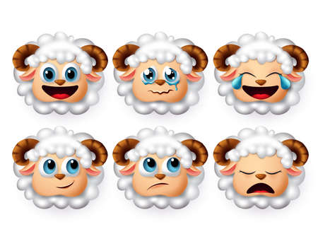 Emojis lamb vector set. Emoticon and icon of sheeps and lambs head face with curly white hair in mood of sleeping and crying isolated in white background. Vector illustration 3d realistic.のイラスト素材