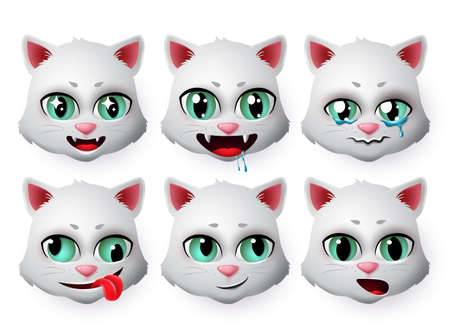 Emojis cat vector set. Cute cats face emoticons and icon in hungry and crying emotion for signs and symbols isolated in white background. Vector illustration 3d realistic.のイラスト素材