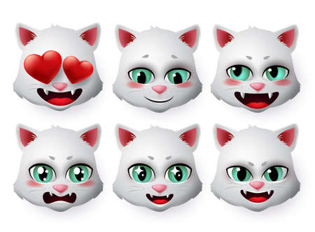 Emoji cat vector set. Cats kitten face emoji and icon in emotions of shy and inlove  isolated in white background. 3d realistic  vector illustration.のイラスト素材