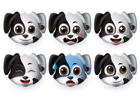 Emoji dogs vector set. Emoticons and emojis of puppy dog face in excited and scared mood and emotion isolated in white background. Vector illustration 3d realistic.のイラスト素材