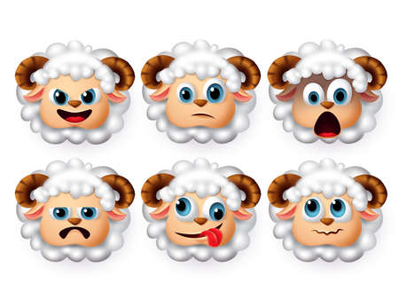 Lamb face emoticon vector set. Emoji and emoticon of cute lamb sheep in curly hair with sad and surprise expressions isolated in white background. Vector illustration 3d realistic.のイラスト素材