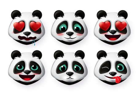 Pandas emojis and bear emoticons vector set. Panda bear head face emoji like shy and inlove cute expressions 3d realistic design isolated in white background. Vector illustration.のイラスト素材