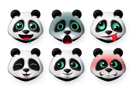Panda emoticon or bear heads vector set. Pandas big bear face emojis in  hungry and angry expression for sign and symbols isolated in white background. Vector illustration 3d realistic.のイラスト素材