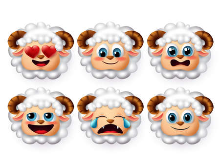 Sheep emoji vector set. Lamb or sheeps face emoticon with cute emotions like inlove and shy isolated in white background. Vector illustration 3d realistic.のイラスト素材