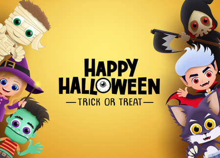 Happy halloween vector banner background. Halloween characters and trick or treat greeting text with zombie, witch,vampire and a reape and empty space for message . Vector illustration.のイラスト素材