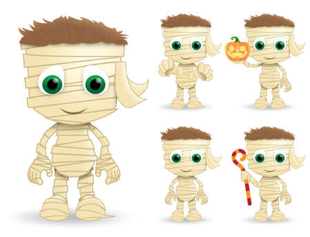 Mummy halloween vector characters set. Mummys character creature wearing halloween costume in paper bandage standing while holding pumpkin lantern and stick isolated in white background. Vector illustration.のイラスト素材