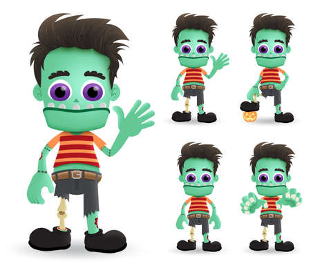 Zombie halloween vector characters set. Scary zombie halloween monster character creature standing and waving with pumpkin lantern element for halloween party. Vector illustration.のイラスト素材