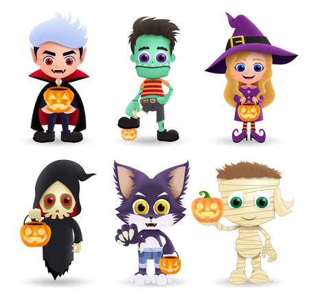 Halloween characters vector set. Cute kids character wearing halloween costume like vampire, zombie, witch, grim reaper, cat and mummy standing while holding pumpkin lantern. Vector illustration.のイラスト素材