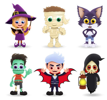 Halloween characters vector set. Halloween character in cute and scary costume of witch, mummy, wolf, zombie, vampire and grim reaper isolated in white background. Vector illustration.のイラスト素材