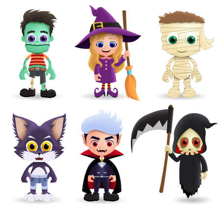 Halloween characters vector set. Halloween character creature of zombie, witch, mummy, wolf, vampire and grim reaper in 3d realistic design isolated in white background. Vector illustration.のイラスト素材