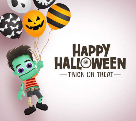 Happy halloween zombie character vector background template. Happy halloween trick or treat greeting text with space for message and scary zombie holding balloons in white background. Vector illustration.のイラスト素材