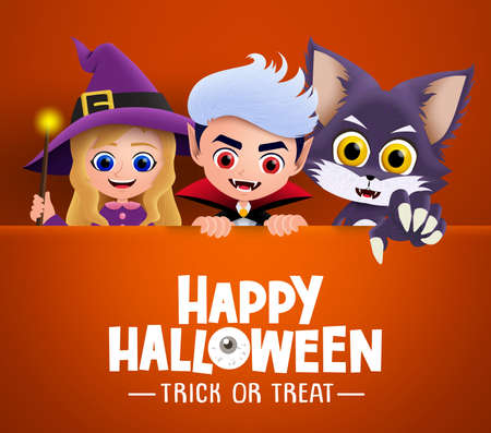 Happy halloween characters vector background. Happy halloween trick or treat text greeting card with three cute characters of witch, vampire and wolf in orange background. Vector illustration.のイラスト素材