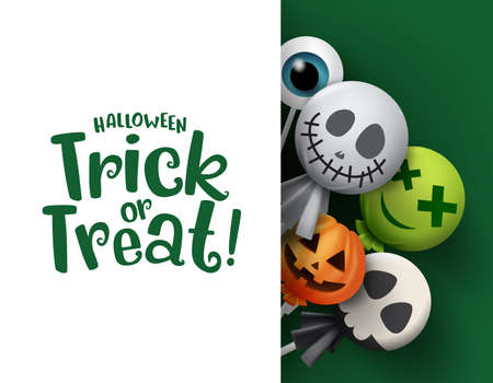 Halloween trick or treat candy vector background template. Halloween trick or treat text in white empty space and scary candies halloween cover of ghost, pumpkins and ghost in white background. Vector illustration.のイラスト素材