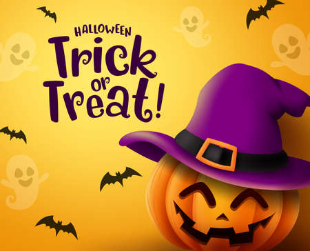 Halloween pumpkin vector background. Halloween trick or treat greeting text with pumpkin, hat and empty space for message in scary  bat and ghost yellow background. Vector illustrationのイラスト素材