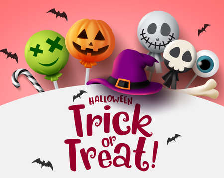 Halloween trick or treat with sweet candies vector background. Halloween trick or treat text in empty space for message with scary candy elements of lollipop, candy cane, bone and hat in white background. Vector illustration.のイラスト素材