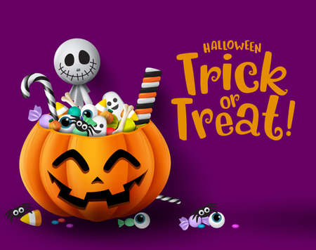 Halloween trick or treat pumpkin vector background template. Halloween trick or treat greeting text with empty space for message and pumpkin basket with sweet candies element. Vector illustration.のイラスト素材