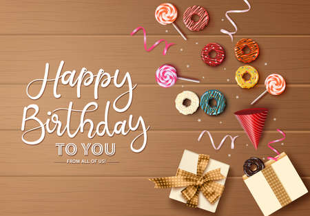 Happy birthday greeting card vector background concept. Happy birthday text in empty space for message with gift box, candy cane, hat, confetti and sweet colorful donuts element in wood background. Vector illustration.のイラスト素材