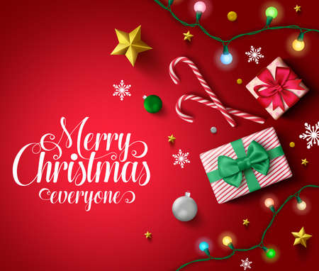 Christmas vector in red background template. Merry christmas everyone typography in red empty space for text and messages with gifts, candy cane, lights, balls, snowflakes, and golden stars for greeting card. Vector illustration.のイラスト素材