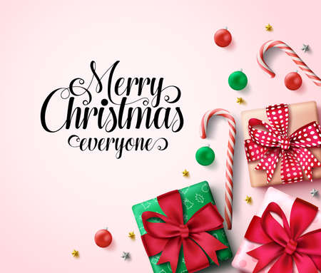 Christmas vector background template. Merry christmas everyone greeting text in empty space for message with xmas decor like gifts, balls, candy cane and stars elements in pink background. Vector illustration.のイラスト素材