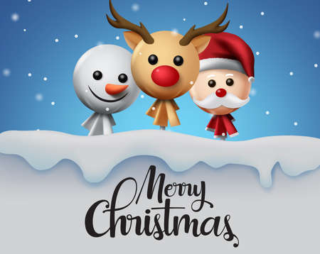 Christmas in snow vector background design. Merry christmas typography greeting text with xmas elements of sweet lollipop in reindeer, snow man and santa claus cover in snow background. Vector illustration.のイラスト素材